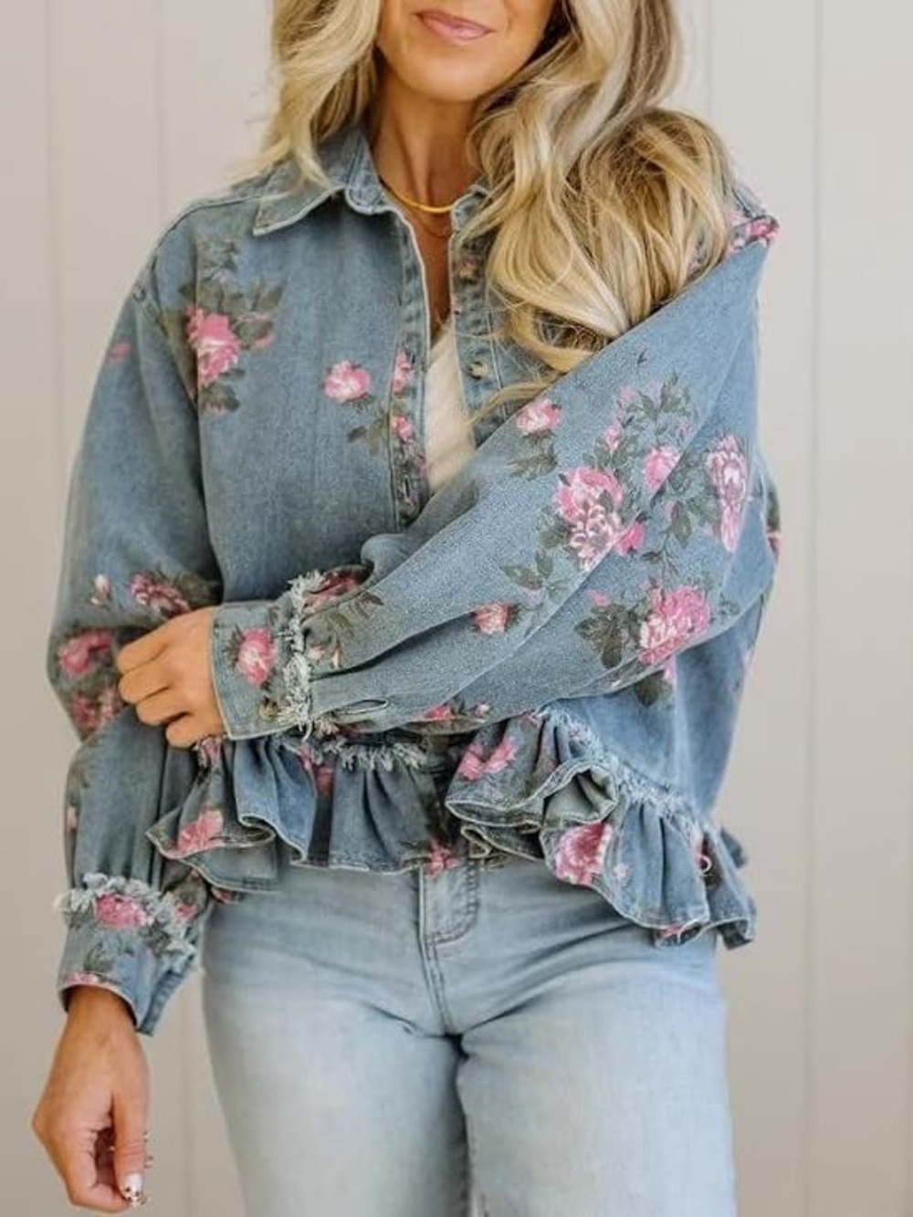 BiBi Peplum Floral Print Denim Shirt Jacket - Picture 3 of 4